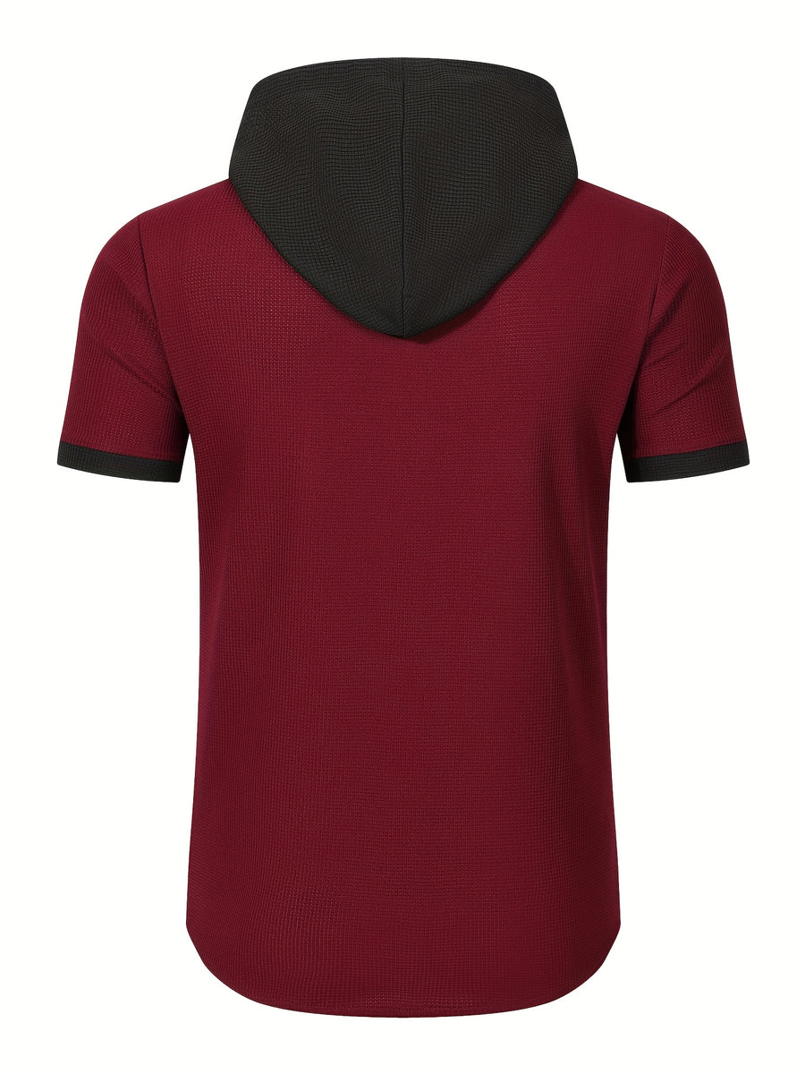 New Summer Shirt with Hooded Men'S Wear, Casual, Loose, Fashionable, Athletic, Home Workout, Camping, Fitness, Beach Shirt, Solid Color, Trendy, Youthful Fashion, Premium, Short Sleeve, Summer Premium Men'S Shirt - Burgundy