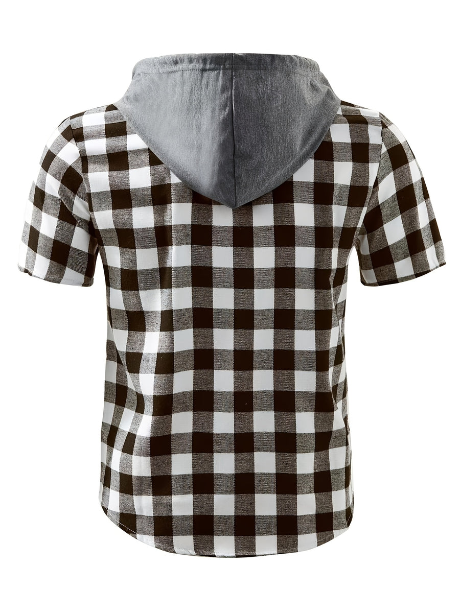 Men's Casual Plaid Hooded Short-Sleeve Hoodie, Summer Button Design, Suitable for Daily Outings, Casual Dates, and Trendy Summer Tops - Brown And White