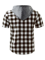 Men's Casual Plaid Hooded Short-Sleeve Hoodie, Summer Button Design, Suitable for Daily Outings, Casual Dates, and Trendy Summer Tops - Brown And White