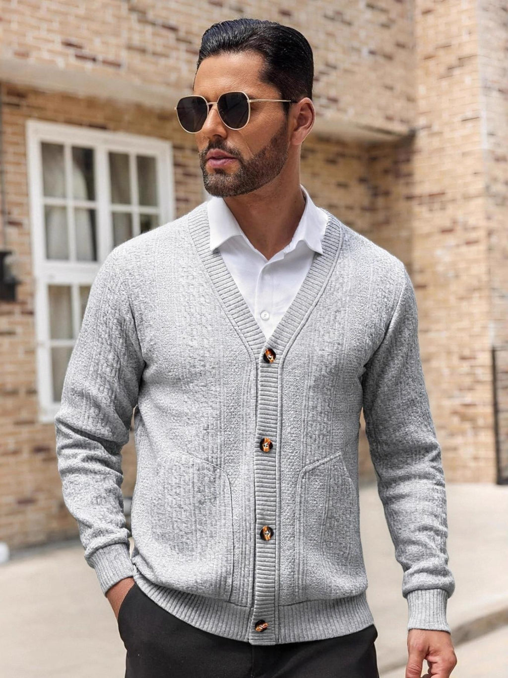 Men'S Casual V-Neck Cardigan Jacket, Retro 3D Jacquard Texture, Button-Front with Double Pockets, Knit Fabric Long Sleeve Top for Commute, Shopping, And Social Gatherings, Light Casual Business Style, Spring/Autumn Relaxed Fit - Grey