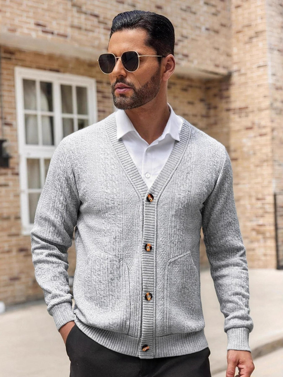 Men'S Casual V-Neck Cardigan Jacket, Retro 3D Jacquard Texture, Button-Front with Double Pockets, Knit Fabric Long Sleeve Top for Commute, Shopping, And Social Gatherings, Light Casual Business Style, Spring/Autumn Relaxed Fit - Grey
