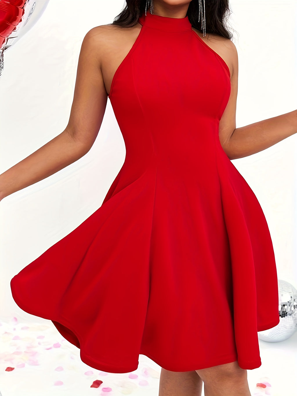 Women'S Elegant Party Halter Sleeveless A-Line Dress - Red