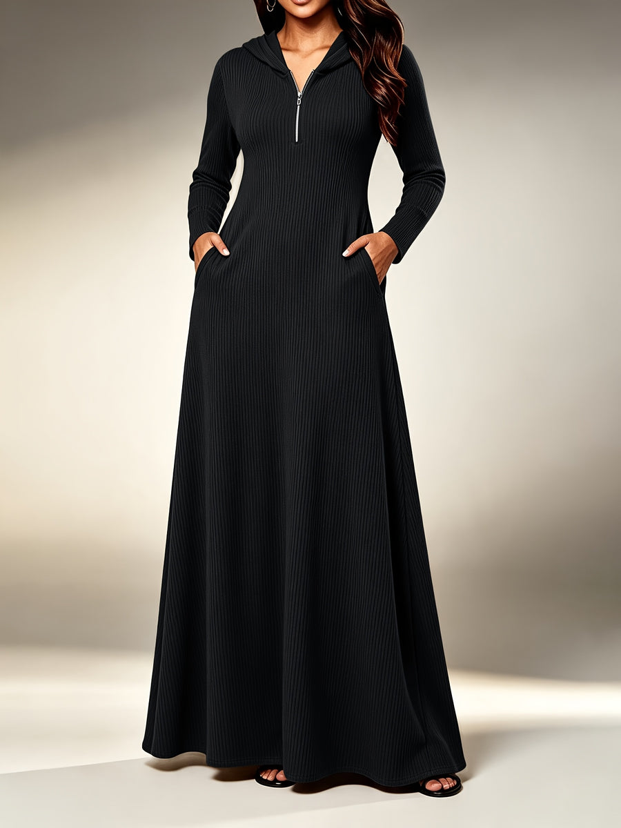 Plus Size - Western Plus Size Women'S Ribbed Hooded Long Dress, Half-Open Zipper Long Sleeve Fitted Flared Casual Floor-Length Skirt - Black