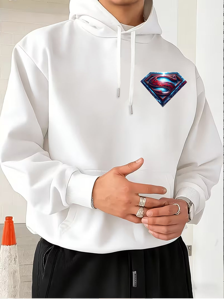 Warner Bros. Official Light and Shadow Superman S-Logo Printed Hooded Sweatshirt — Unisex Loose Pullover, Suitable for Casual, Sports, and Daily Wear, Machine Washable and Warm, for Autumn and Winter - White