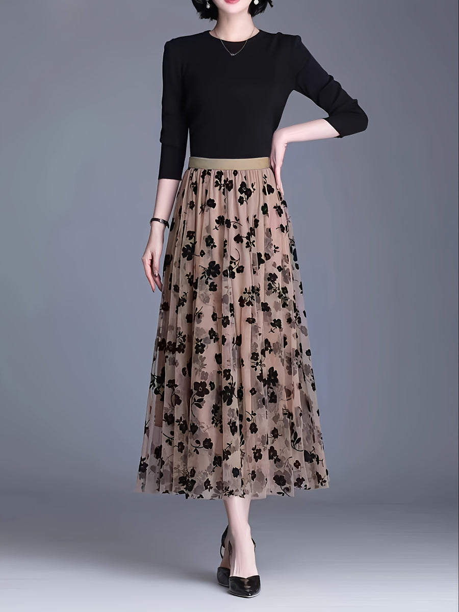 Pack Women's Coffee Color Mesh Skirt - Machine Washable, Elegant Design, Large Pleated Print, Spring/Summer/Autumn New Style, Stylish and Comfortable for Outings - Coffee Color