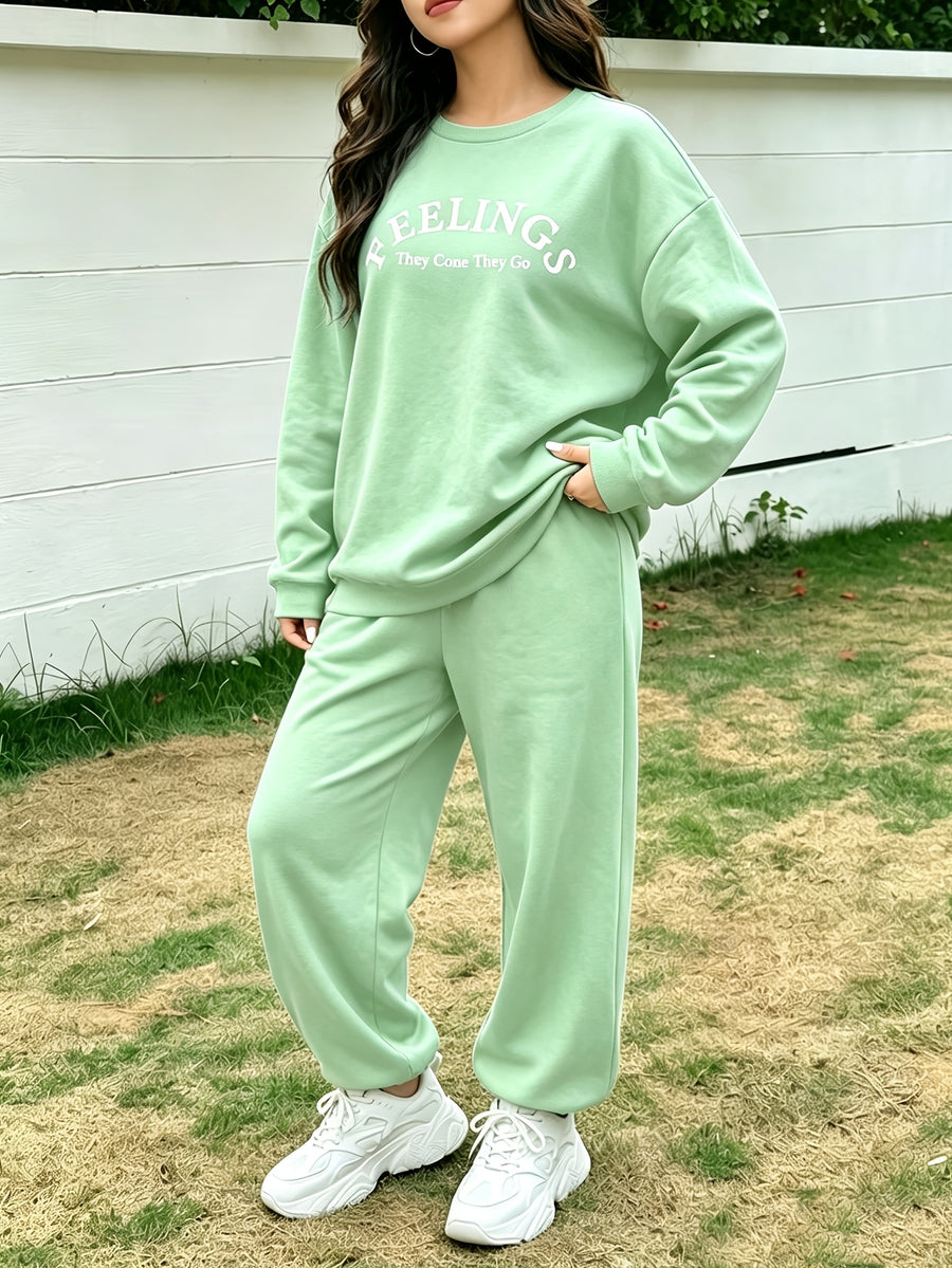 Plus Size Women'S Autumn Winter Home Wear Sweatshirt Set, Fattening Comfortable Loose Casual Letter Print Fashionable Individual Outerwear Home Dress Set - Green