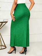 Women's Elegant Midi Skirt - Stretchy Fabric with Adjustable Bow Tie Waist, Slit Pockets & Flattering Fitted Cut for Spring/Autumn, Casual Outings, Parties & Vacations - Green