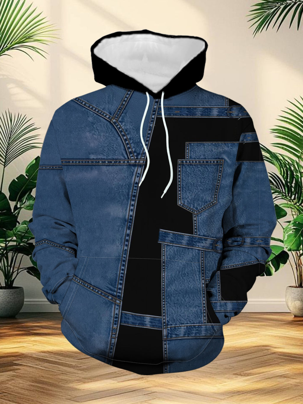 Men'S Fashion Digital Print Hoodie Trendy Patchwork Faux Denim Pattern Design Casual Versatile Pullover Autumn New Youth Handsome Top - Mixed colors