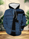 Men'S Fashion Digital Print Hoodie Trendy Patchwork Faux Denim Pattern Design Casual Versatile Pullover Autumn New Youth Handsome Top - Mixed colors