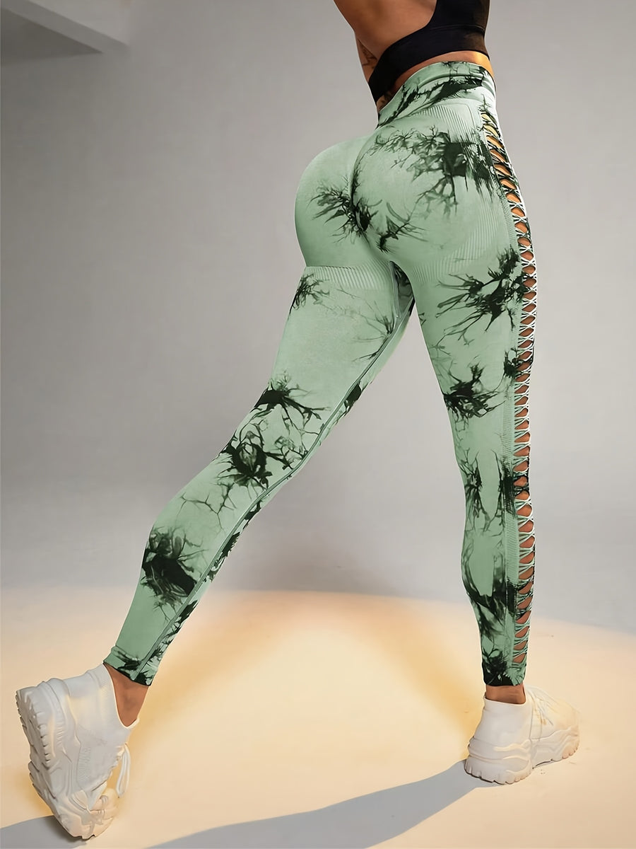 Women's High-Waist Seamless Hollow-Out Fashionable High-Stretch Yoga Pants for Fitness and Outdoor Sports - Mint Green
