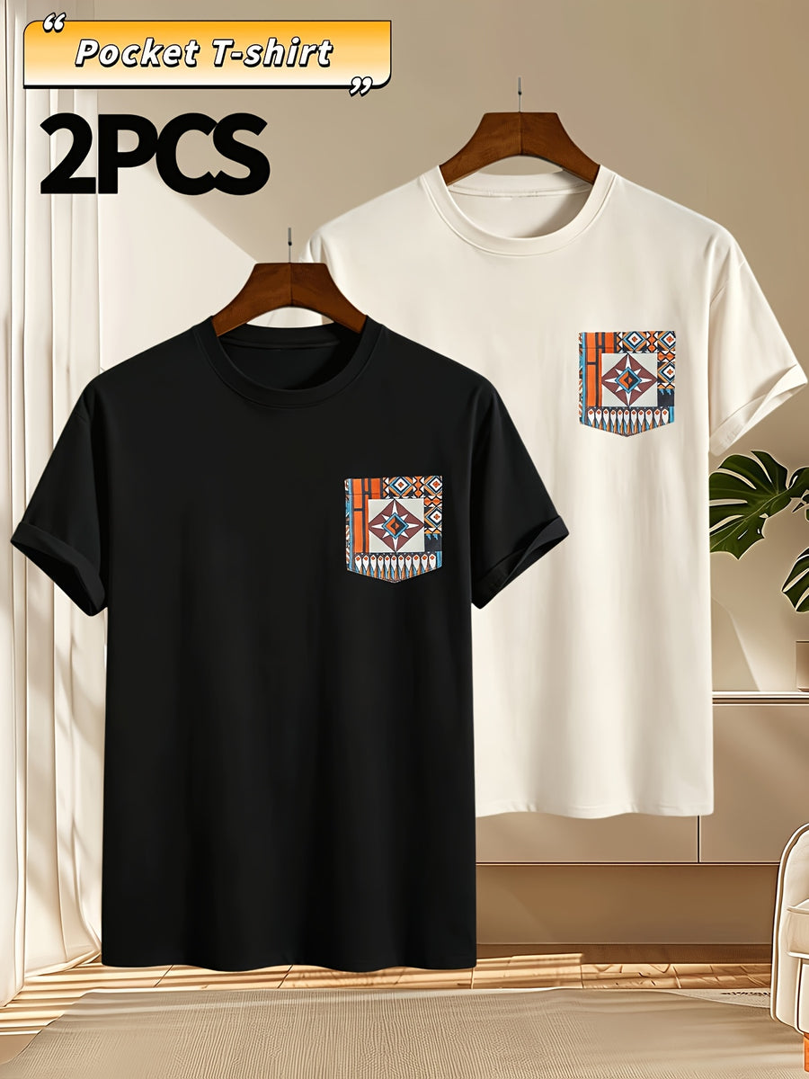 2pcs Men's Round Neck Pocket Short-Sleeve T-Shirt, Suitable for Summer Outdoor Casual Wear, Versatile Casual Knit Top, Men's Casual Pocket Design Sport T-Shirt - Black + Apricot