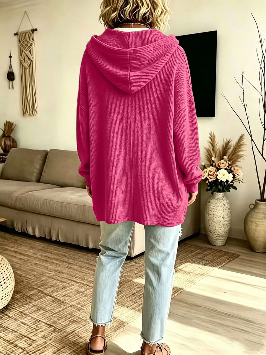 Plus Size - Western New Autumn Winter Solid Color Lapel Long Sleeve Pocket Drawstring Hooded Sweatshirt - Rose Red