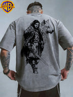 Warner Bros. Authentic Classic North King Snowman Hand-Drawn Sketch Portrait Ice Wolf Print Retro Distressed T-Shirt Loose Round Neck Top Summer Trendy Street All-Match Top - Grey