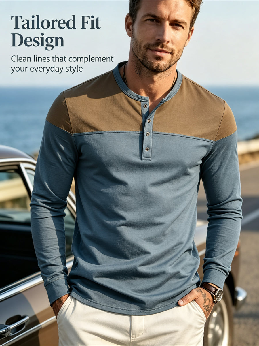 Men'S Henley Collar Long Sleeve T-Shirt, Casual Commute Outdoor Home Top, Contrast Color Patchwork Half-Button Design, Casual Easy Style, All-Season Fit, Ribbed Collar And Cuffs with Soft Elastic Knit Fabric, Men'S Favorite Holiday Gift - Brown+hui