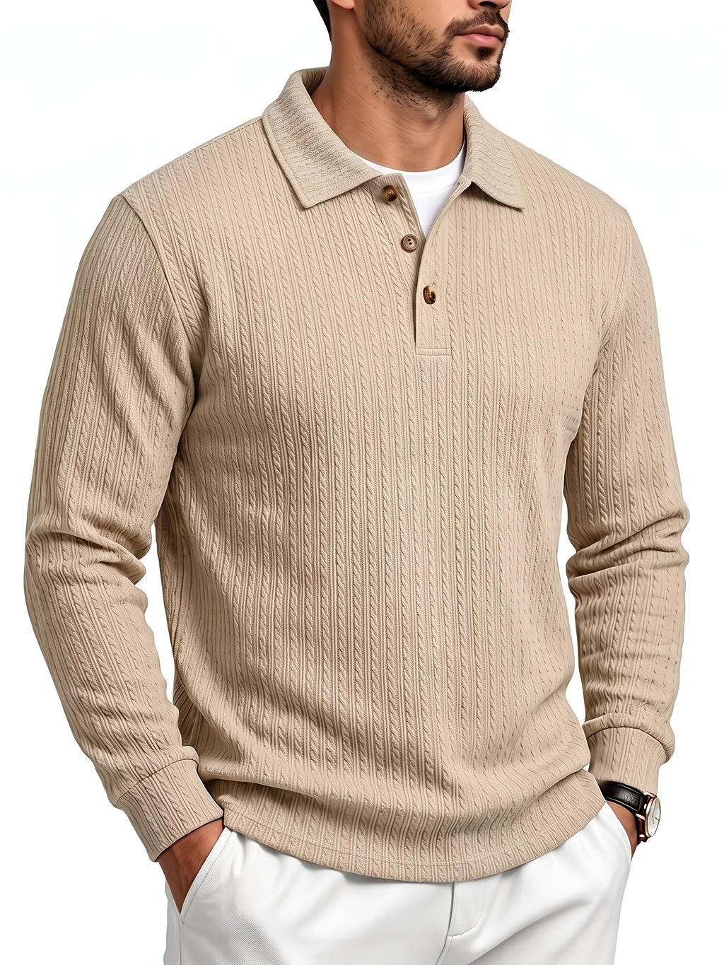 Men'S Casual Jacquard Polo Shirt, Autumn Easy Style Elastic Long Sleeve Textured Fabric Slim Fit Base Layer Top - Khaki