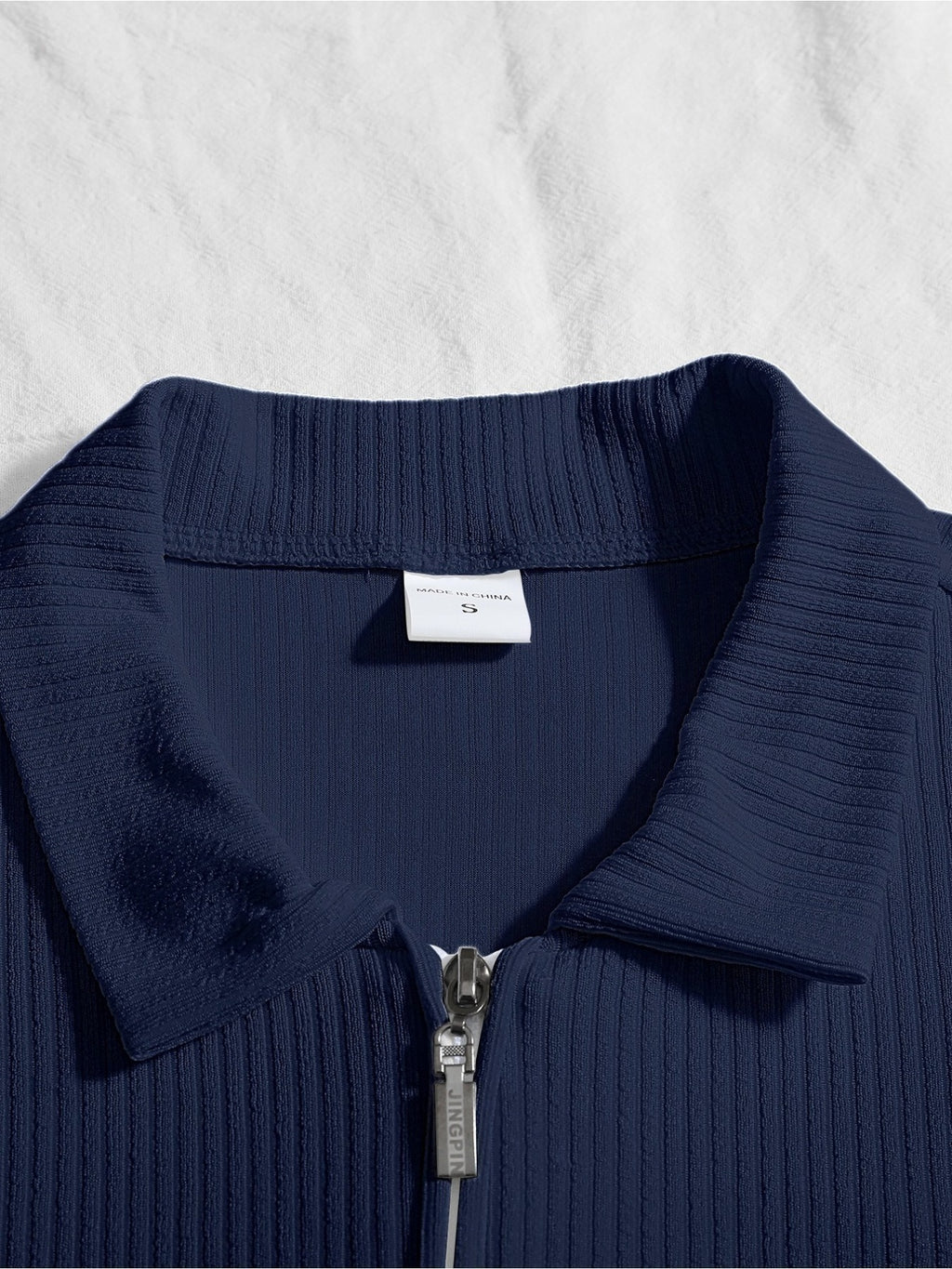 Autumn Men's Ribbed Long-Sleeve Polo Shirt with Print, Half-Zip Lapel, Slim Fit, Breathable T-Shirt - Navy Color