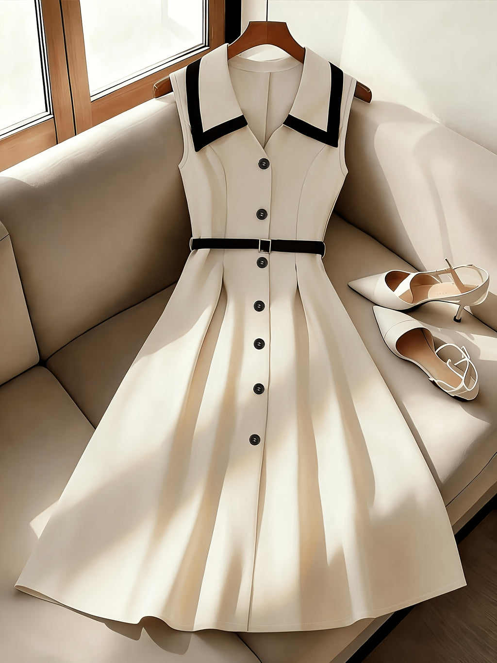 2026 New Style Elegant French Style Dress, Contrast Color Lapel Single-Breasted Waist-Cinching Sleeveless Midi Dress - Beige