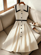 2026 New Style Elegant French Style Dress, Contrast Color Lapel Single-Breasted Waist-Cinching Sleeveless Midi Dress - Beige