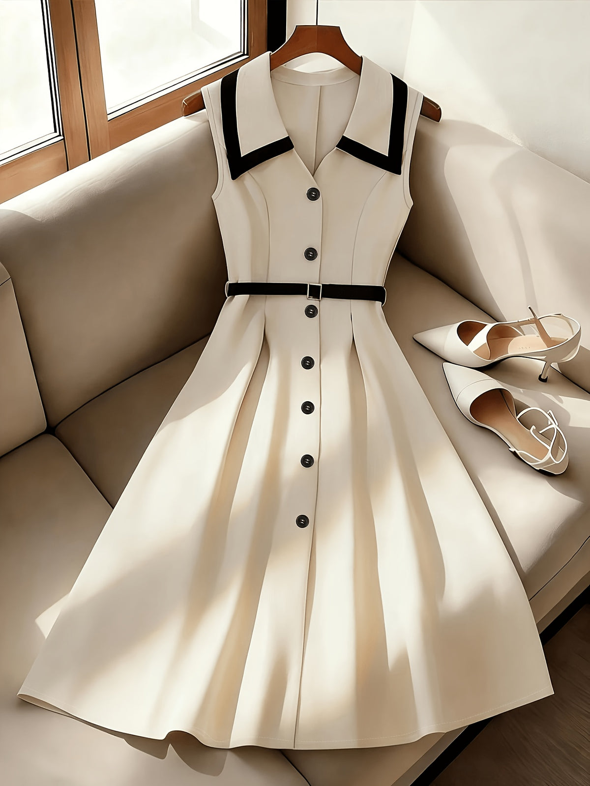 2026 New Style Elegant French Style Dress, Contrast Color Lapel Single-Breasted Waist-Cinching Sleeveless Midi Dress - Beige