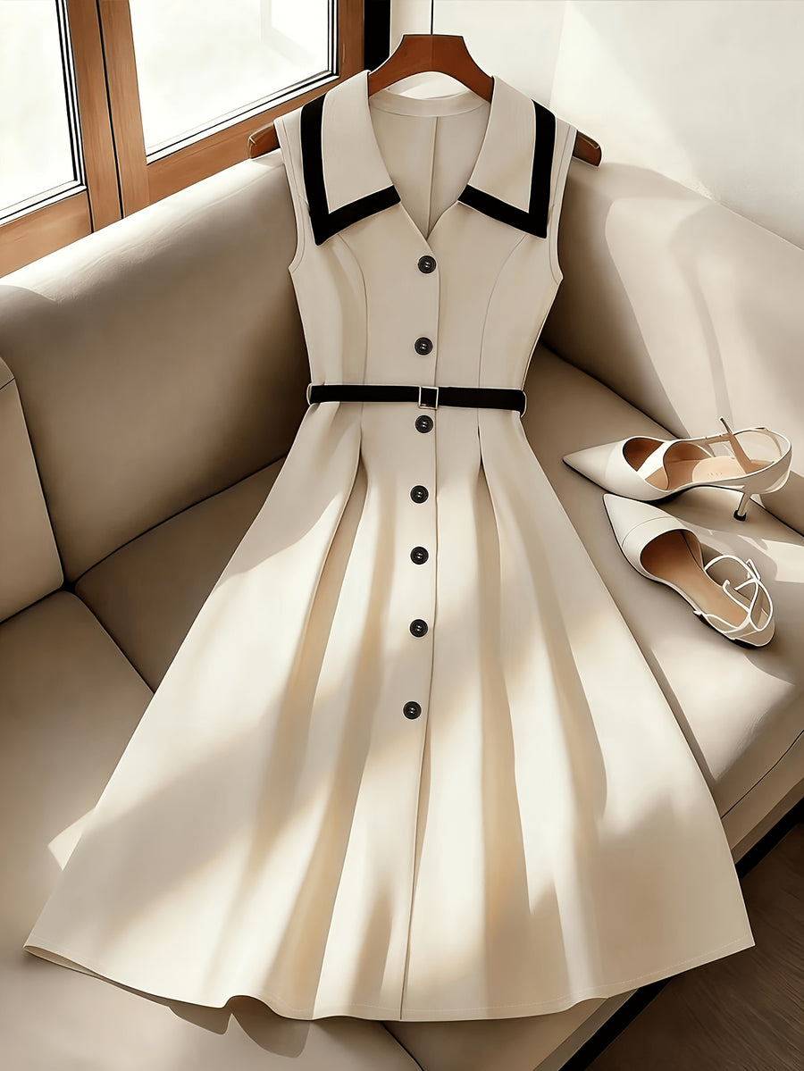 2026 New Style Elegant French Style Dress, Contrast Color Lapel Single-Breasted Waist-Cinching Sleeveless Midi Dress - Beige