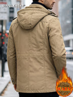 Men's Hooded Shoulder-Patch -Lined Mid-Length Workwear Parka Jacket, Winter Thickened Multi-Pocket Warm Padded Coat, Temperature-Locking, Cold-Resistant, Wear-Resistant, Wrinkle-Resistant, Structured and Stylish, Not Easily Deformed, Easy to Care - Khaki