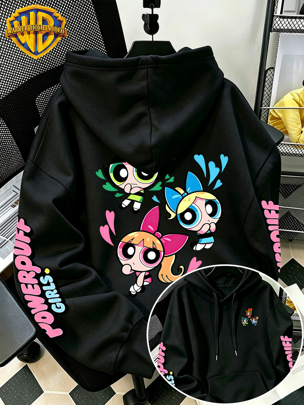 [Warner Bros] Officially Licensed Cute Powerpuff Heart Pattern Print Hoodie - Men'S Fashion Sweatshirt, Adjustable Drawstring Loose Comfortable Hoodie, Suitable for Daily And Outdoor Wear, Perfect Choice for Warmth in Autumn And Winter! Unisex - Black