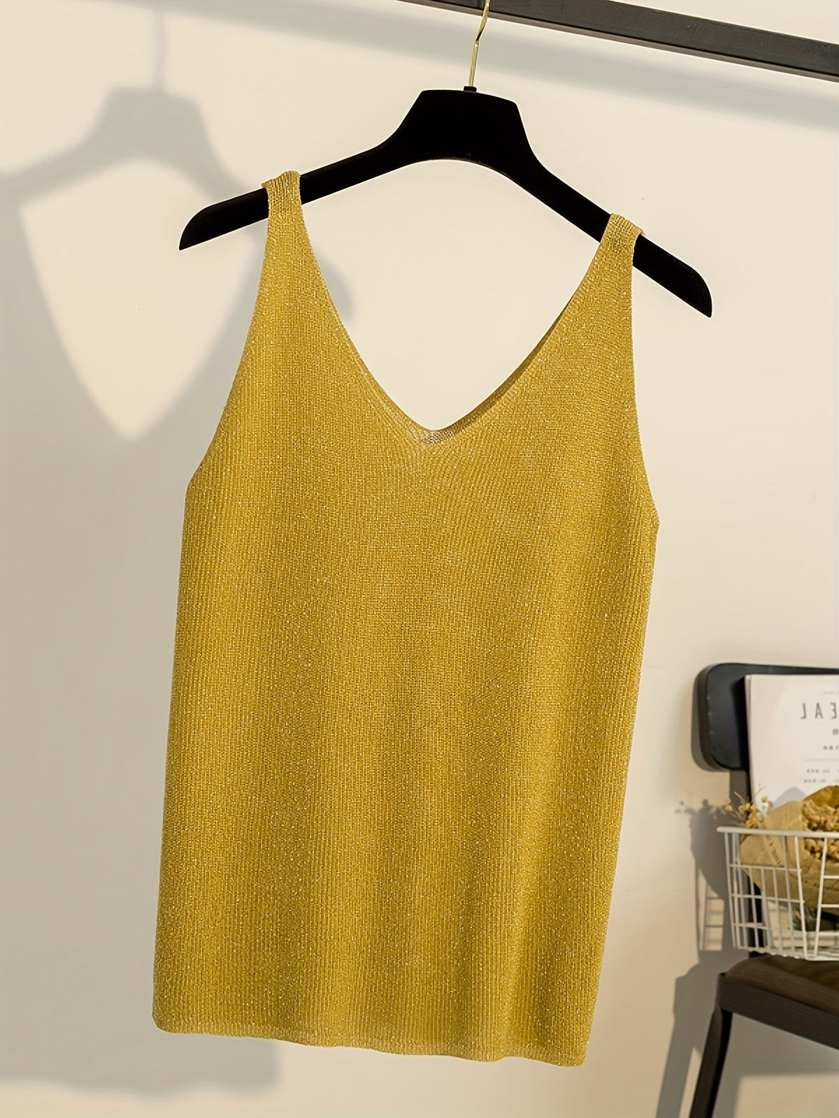 Women's Camisole Tank Top with Korean-Style Sexy Outerwear, Shiny V-Neck Bodycon Top - Yellow