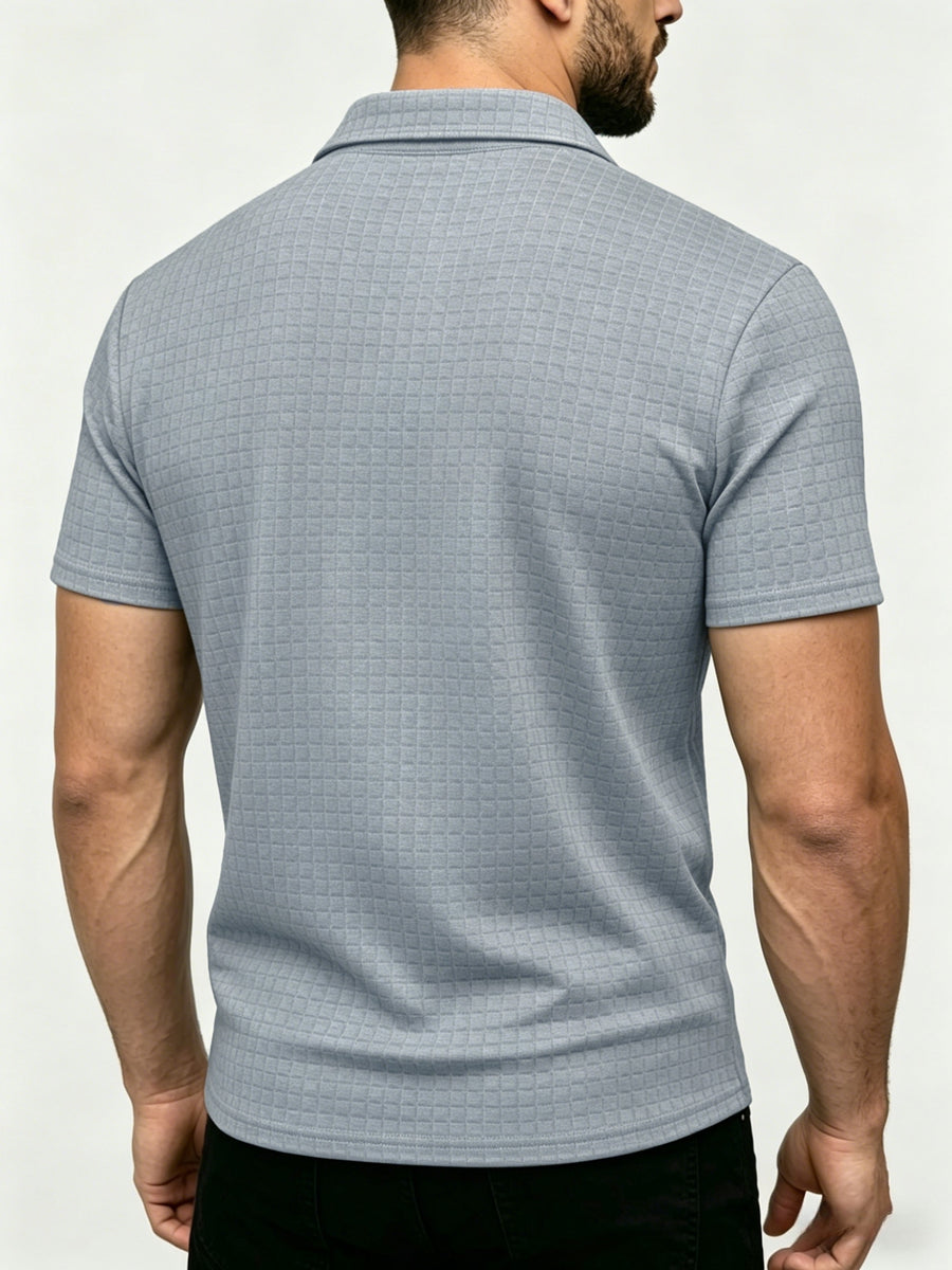 Men's Waffle Knit Half-Zip Polo Shirt, Loose Fit Solid Color Versatile Short Sleeve - Light Grey