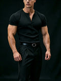 American Vintage Henley Knit Short Sleeve Top, Men'S Slim Fit T-Shirt, Square Shoulder Cut Enhances Shoulder Lines, Vertical Striped Elastic Fabric Moisture-Wicking And Breathable, Suitable for Commuting Office, Fitness Training, Travel Vacation - Black