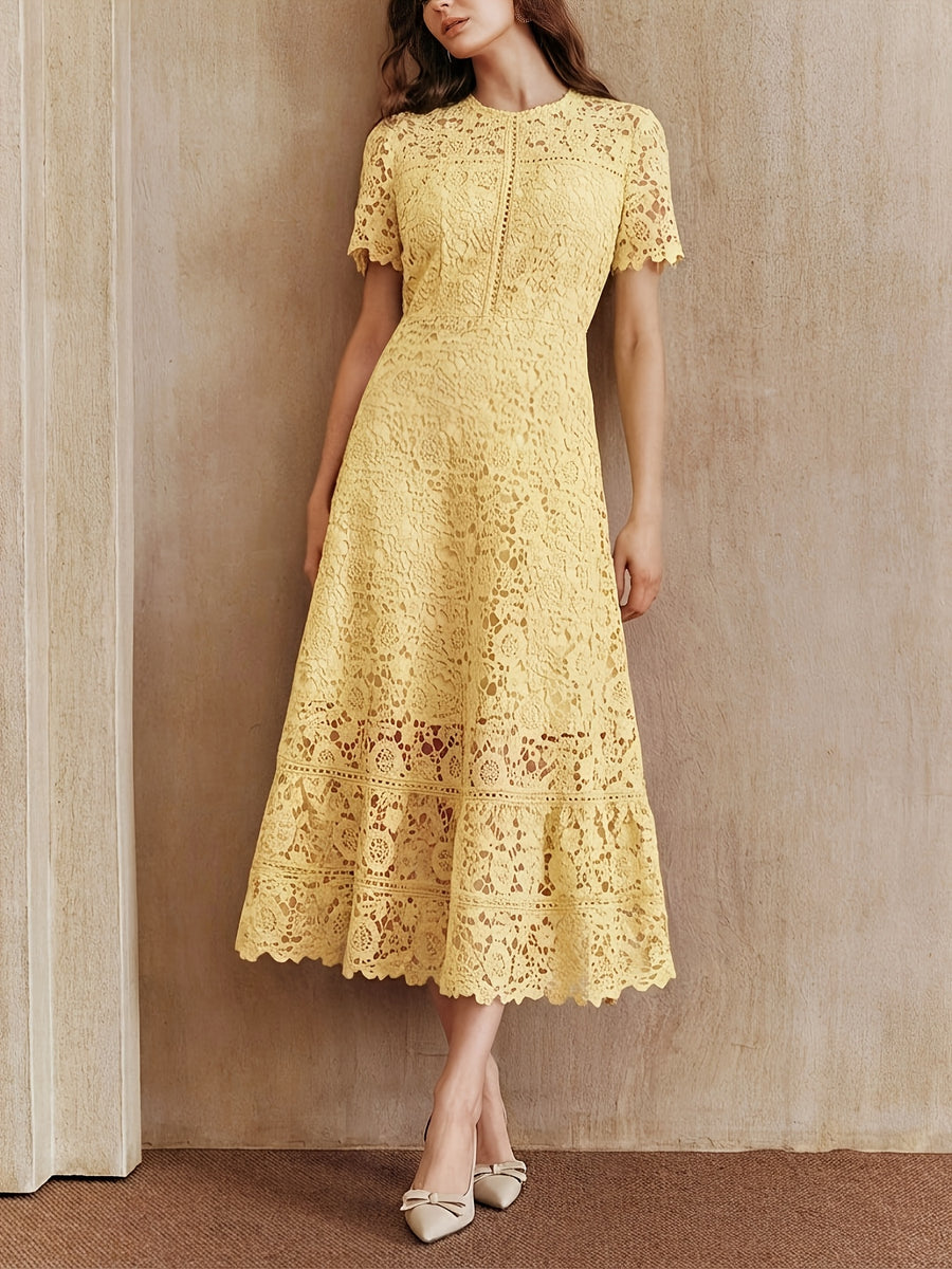 French Lace Cut-out Dress, with a Fashionable Ruffled Panel Design, Features a Flattering Waistline for an Elegant Look, Perfect for Any Formal Occasion. Women's Fashion Must-have - 【Light Yellow】