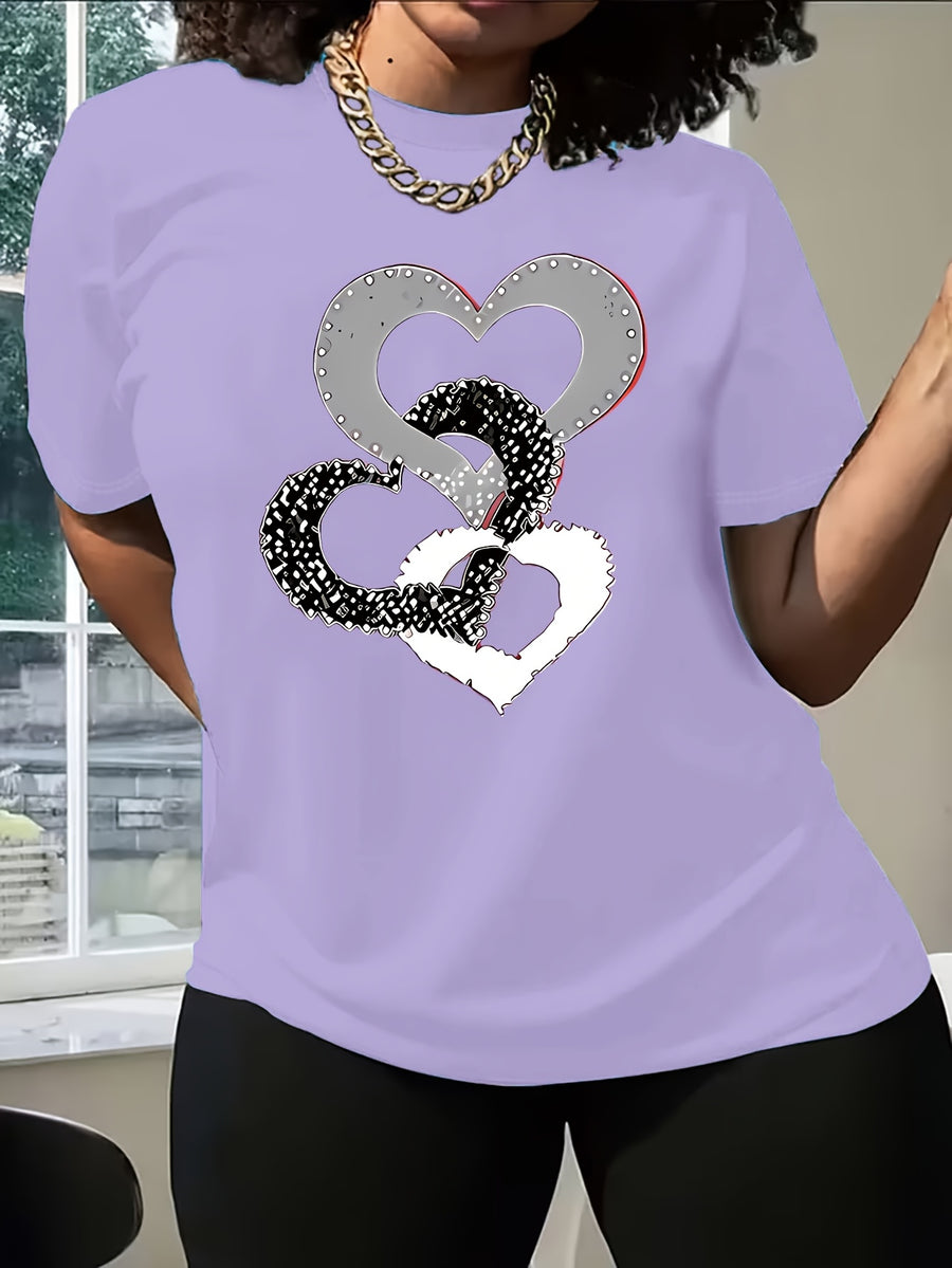 2025 Spring/Summer New Women's Short-Sleeve Top, Simple and Stylish Love Ring Pattern Print, Versatile Daily Wear Round Neck T-Shirt, Circle Pattern - Light Purple
