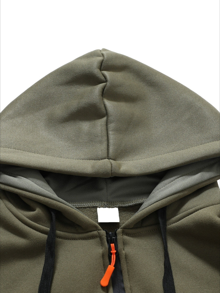 Men'S Basic NY Uppercase Letter Print Cargo Hooded Zipper Cardigan Casual Jacket - Tactical Green