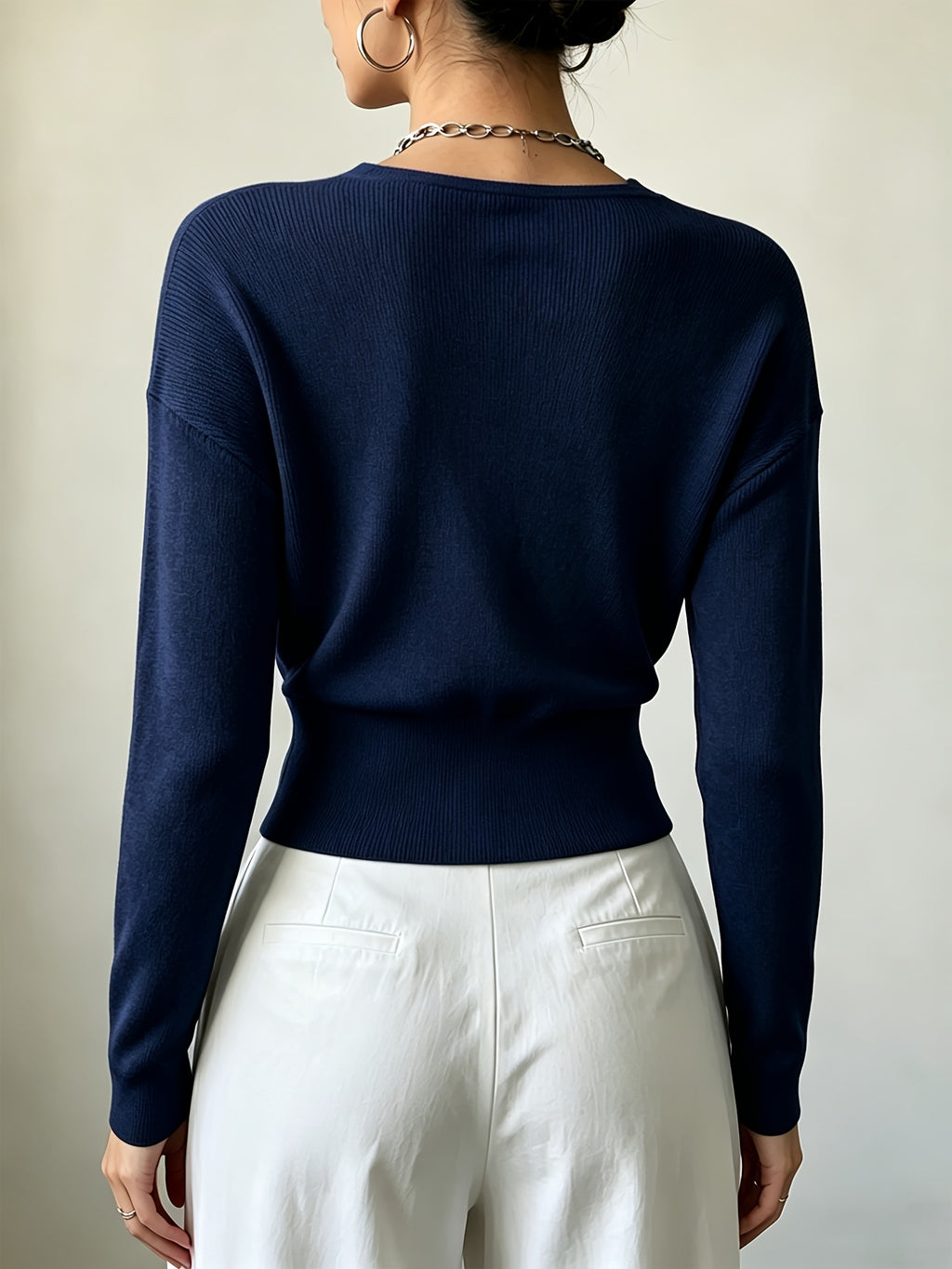Women'S New Arrivals INS Autumn/Winter Cross-Collar Pullover, Elegant Versatile Loose Fit Machine Washable Long-Sleeve Knitwear - Navy Color