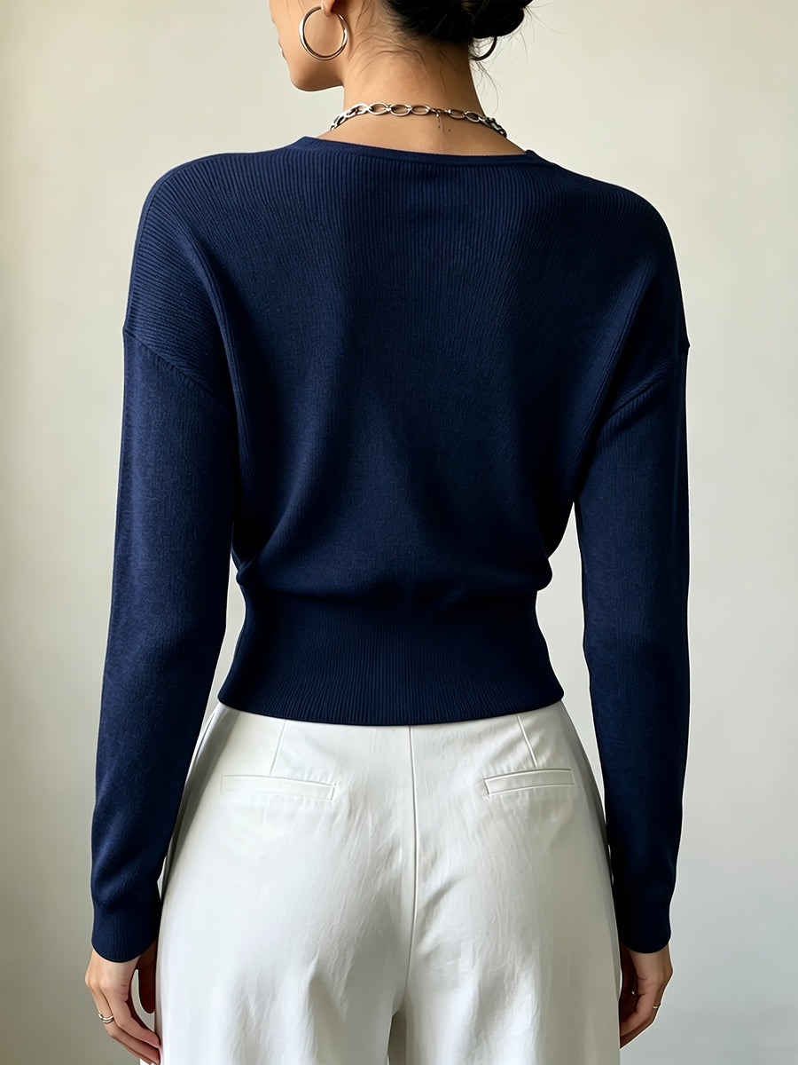 Women'S New Arrivals INS Autumn/Winter Cross-Collar Pullover, Elegant Versatile Loose Fit Machine Washable Long-Sleeve Knitwear - Navy Color
