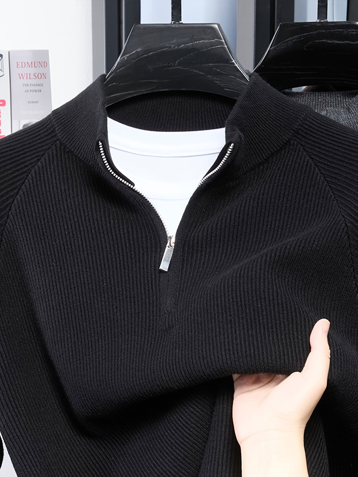 SINBOS Men's Half-Zip Stand Collar Sweater - Low-Saturation Earth Tones, Soft Ribbed Knit Zippered Cardigan, Stand Collar & Half-Zip Front Suitable for Business Casual & Minimalist Winter Wear, Autumn Winter Layering Piece - Black