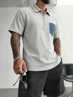 Spring Summer Men'S Easy Half-Zipper Collar Short Sleeve T-Shirt Faux Denim Patch Pocket Casual Polo Shirt Comfortable All-Match - Grey