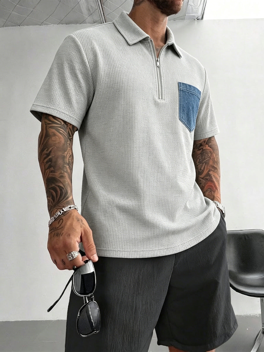 Spring Summer Men'S Easy Half-Zipper Collar Short Sleeve T-Shirt Faux Denim Patch Pocket Casual Polo Shirt Comfortable All-Match - Grey