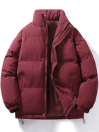 Men'S Stand-Collar Jacket Winter Loose Thick Warm Coat, Easy Casual Zippered Jacket - Burgundy