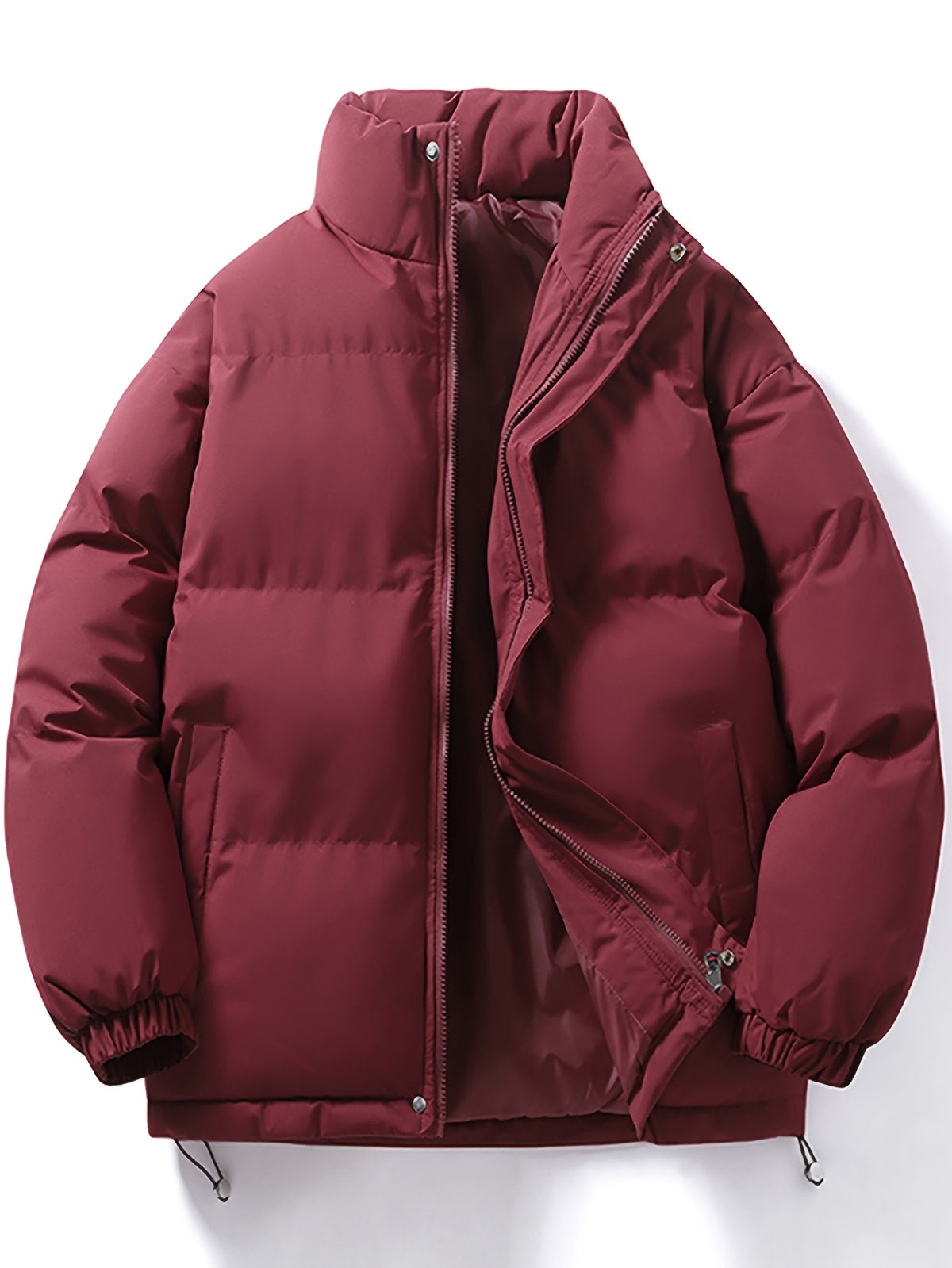 Men'S Stand-Collar Jacket Winter Loose Thick Warm Coat, Easy Casual Zippered Jacket - Burgundy