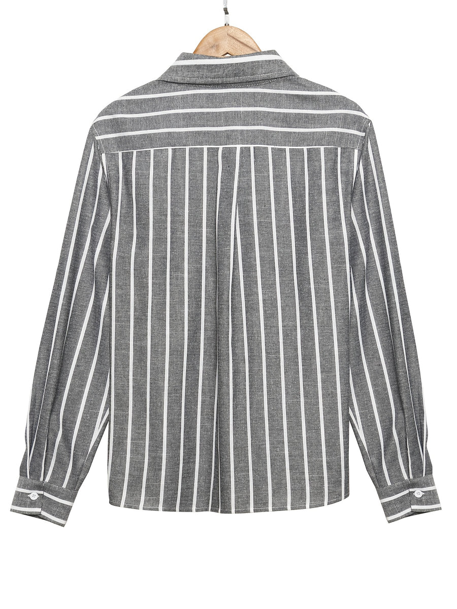 Men'S Long Sleeve Business Shirt, Regular Fit, Fashionable Casual Textured Striped Linen-Like Comfortable Breathable Light Business Collar Shirt (Back Double Layer Pleating Craft) Suitable for Office, Weddings, And Formal Occasions - Grey