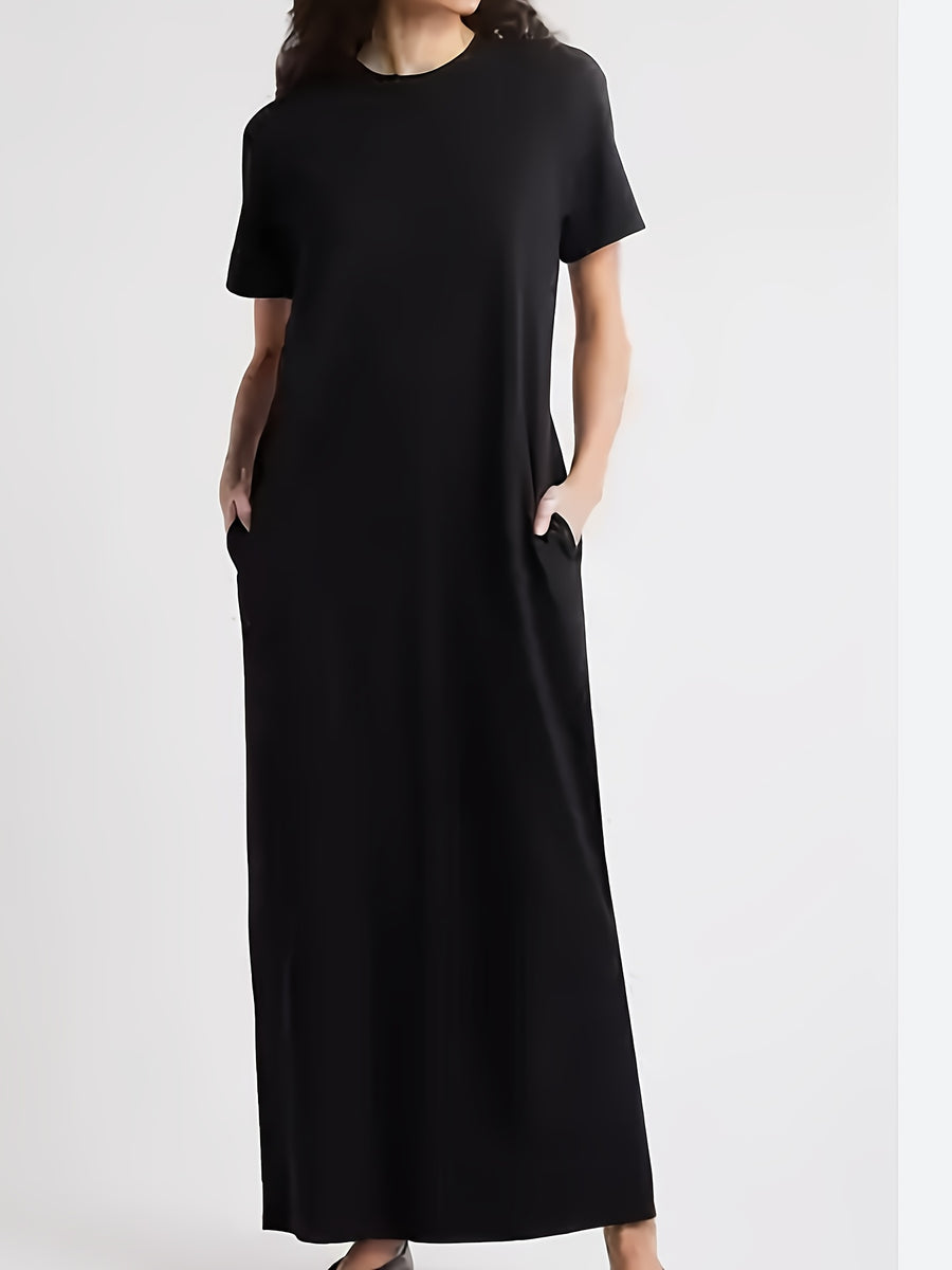 Plus Size, Fashion Casual Short-sleeve Round-neck Long Dress with Pockets, Solid Color, for Spring and Summer - Black