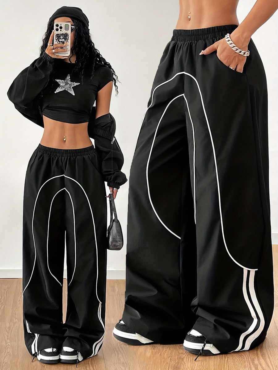 Women's Fashion Y2K Streetwear Wide-Leg Pants with Side Tie Design, Hip-Hop Joggers, Elastic Waist Wide-Leg Pants, Casual Swear, Harem Pants - Black