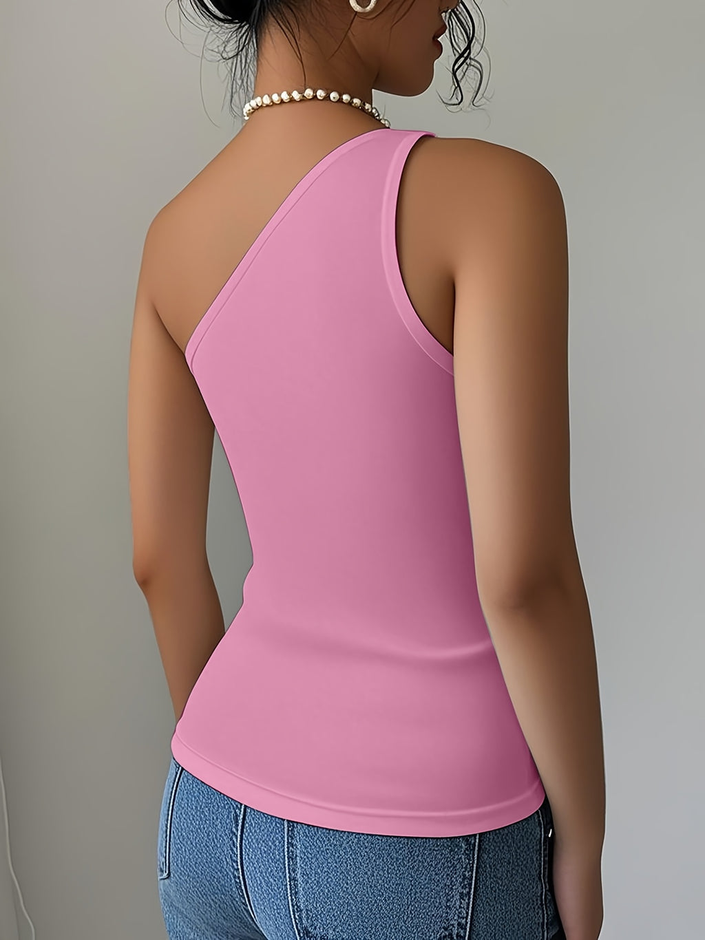 Floral Asymmetrical Neck Slim Sleeveless Casual Top - Pink
