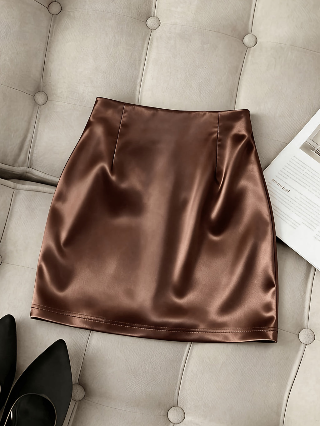 Fashionable New Satin Asymmetrical Skirt, Spring Summer High-Waist Fitted Tight Sexy Women'S Elegant Midi Skirt - Coffee Color