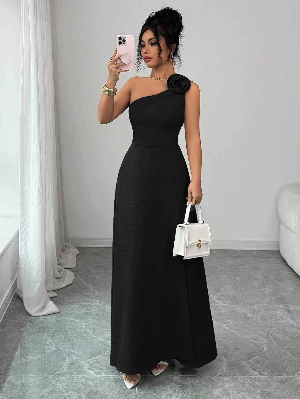 New Summer Women's Off-Shoulder Rose-Embellished Long Dress with Waist-Defining Slit, Elegant One-Shoulder Design, Mature Style for Dates and Banquets - Black