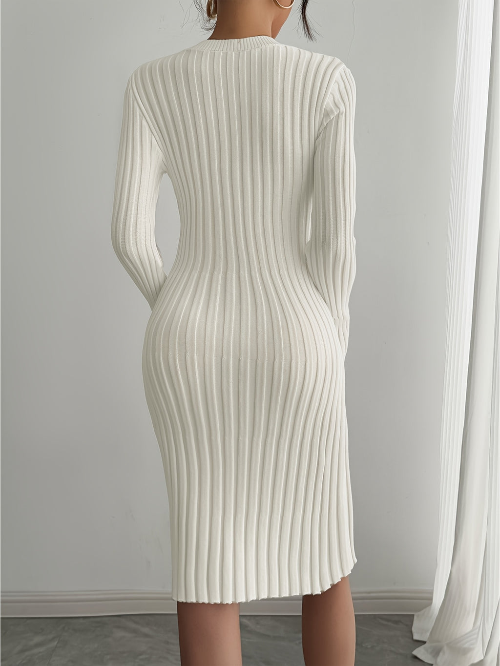 Women's Elegant Ribbed Pleated Long Sleeve Crew Neck Sweater Dress - Solid Color, Non-Transparent, Hand Wash/Dry Clean, Versatile for Casual & Formal Wear, Sweater, Everyday Fashion, Minimalistic Design, Nontransparent Fabric - Off-white