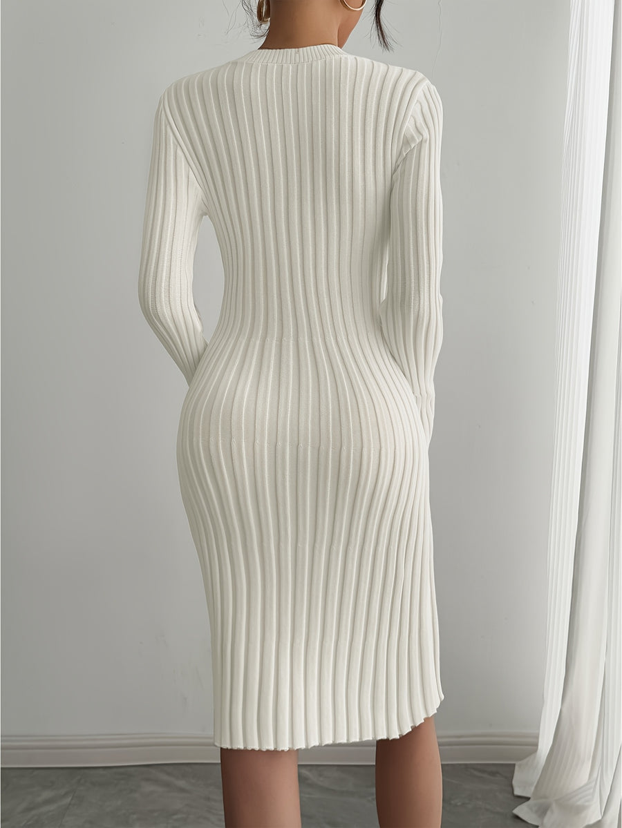 Women's Elegant Ribbed Pleated Long Sleeve Crew Neck Sweater Dress - Solid Color, Non-Transparent, Hand Wash/Dry Clean, Versatile for Casual & Formal Wear, Sweater, Everyday Fashion, Minimalistic Design, Nontransparent Fabric - Off-white
