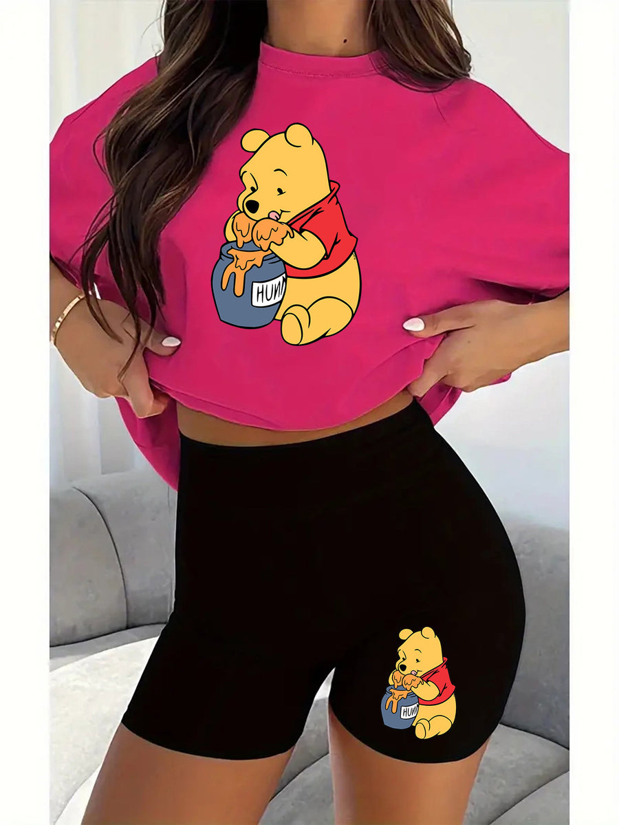 Women'S Disney-Themed T-Shirt Set Featuring a Casual Round Neck And Short Sleeves with a Winnie The Pooh Print, Perfect for Everyday Wear Or As a Gift. Ideal for Daily Outfits, Trendy Casual Wear - Rose Red