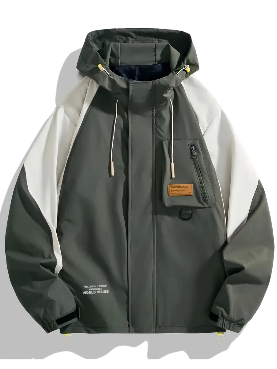 Men'S Spring/Autumn WORLD Letter Print And Contrast Hooded Long Sleeve Zip-Up Windbreaker Jacket, Suitable for Outdoor Activities - Green