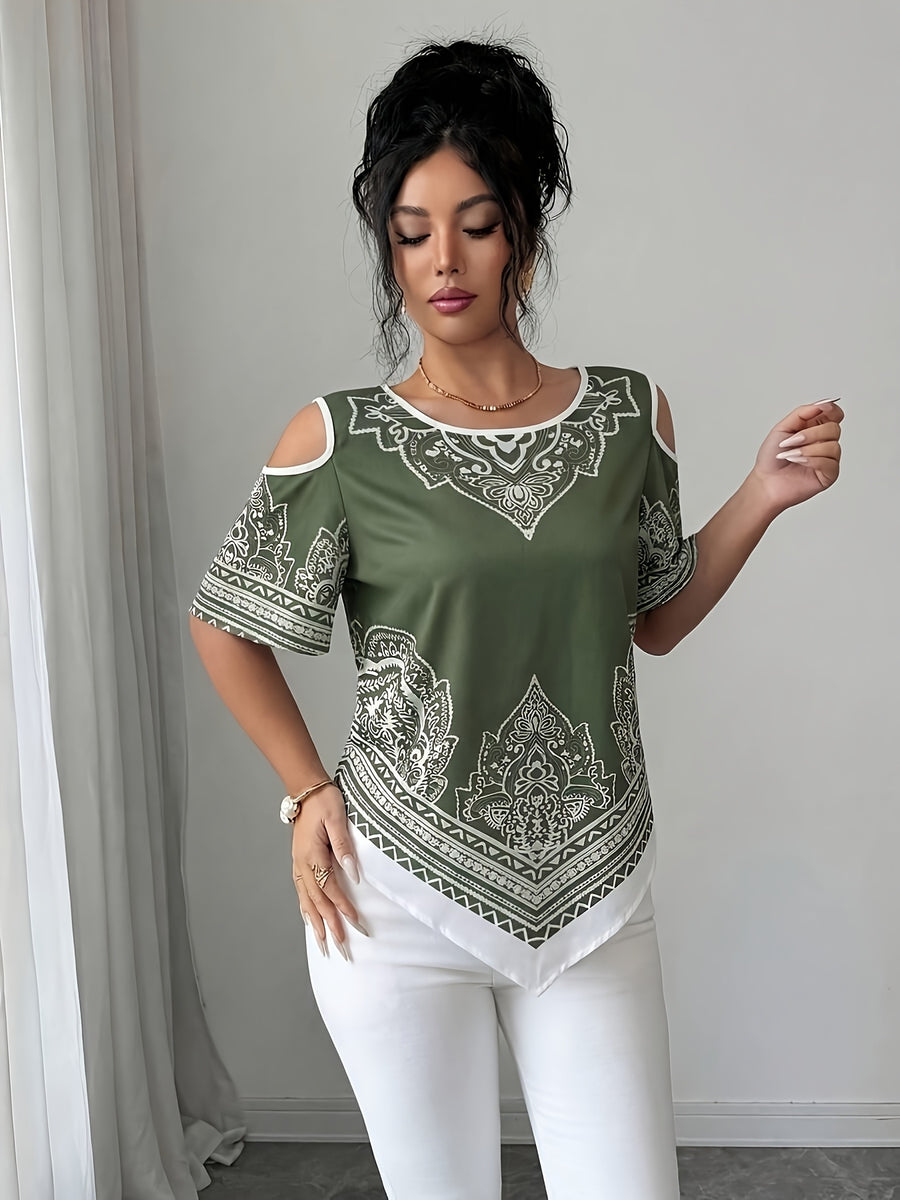 Women's Elegant Asymmetrical Hem Blouse Top - Short Sleeve Round Neck Church Shirt with Asymmetrical Hemline, Black & White Print Suitable for Commuting, Church Events, Casual Outfits, Spring Summer Fall Wardrobe Essential - Olive Green